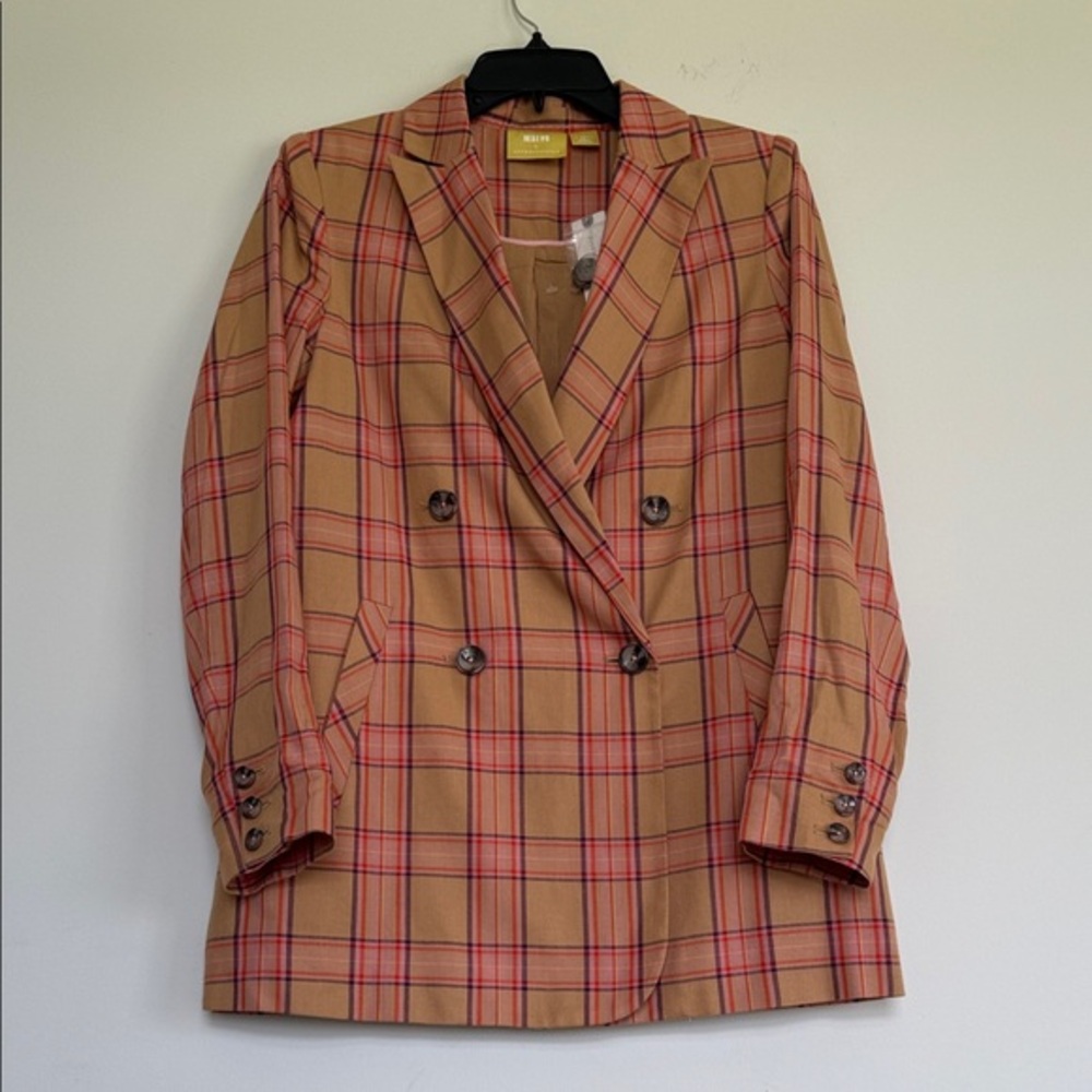 New Anthropologie Tan and Red Plaid Blazer - Picture 2 of 10